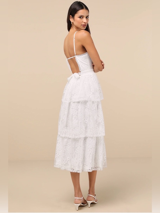 Lulus Dresses & Skirts - NWT Lulus White Lace Tiered Midi Dress with Open Back Medium